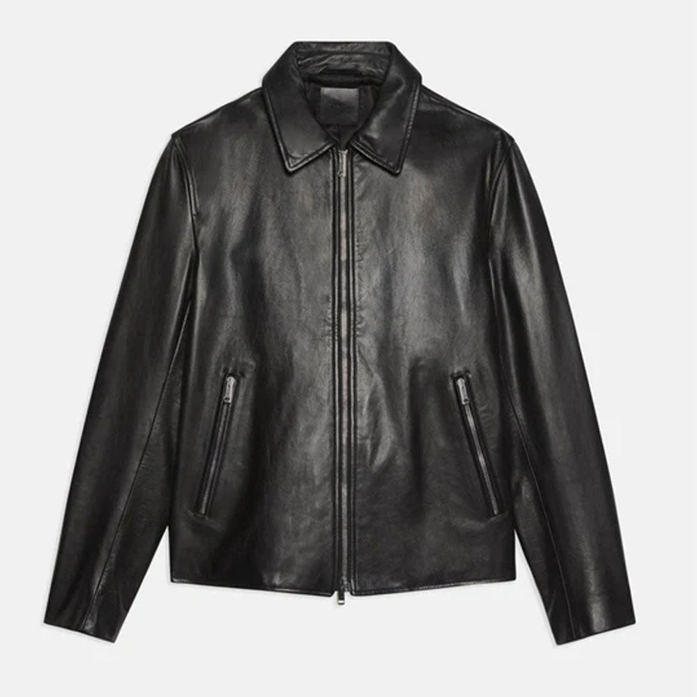 Men Shirt Style Black Pointed Collar Leather Jacket