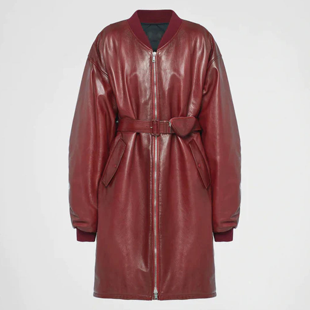Women Red Bomber Goatskin Oversized Leather Long Jacket