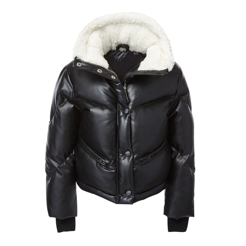 Women Puffer Bubble Fur Collar Lambskin V-Bomber Leather Jacket