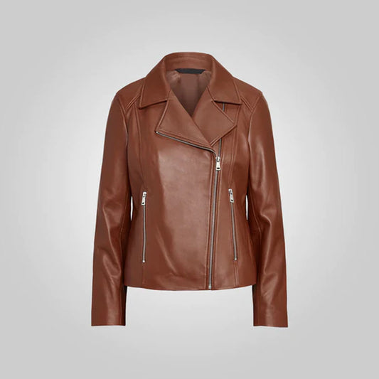 Brown Moto Sheepskin Motorcycle Women Leather Jacket