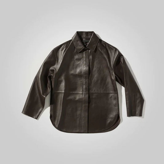 Shirt Styled Women Dark Brown Sheepskin Leather Jacket