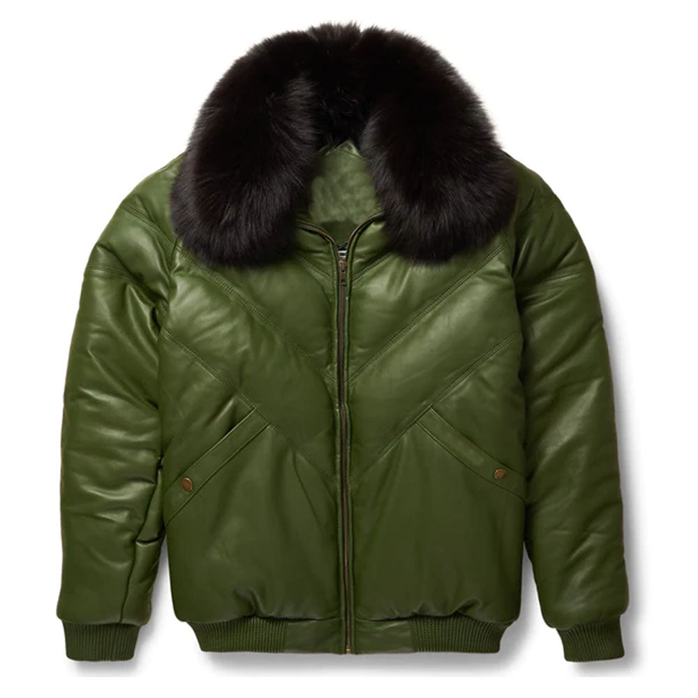 Men Green Bubble Sheepskin V-Bomber Leather Jacket