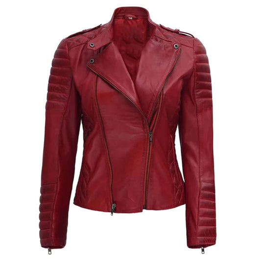 Women Styled Motorcycle Red Lambskin Leather Jacket