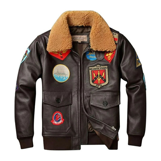 Men Airforce Pilot RAF Fur Collar Sheepskin Brown Shearling Leather Jacket