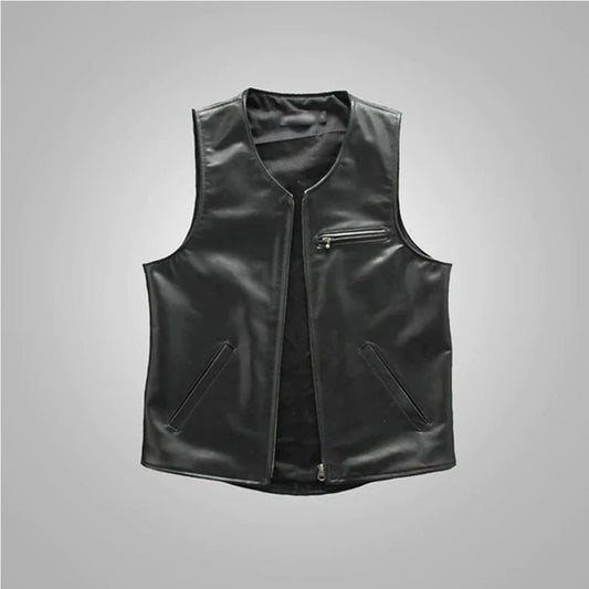 Men Black Biker Cowboy Lambskin Genuine Leather Vest