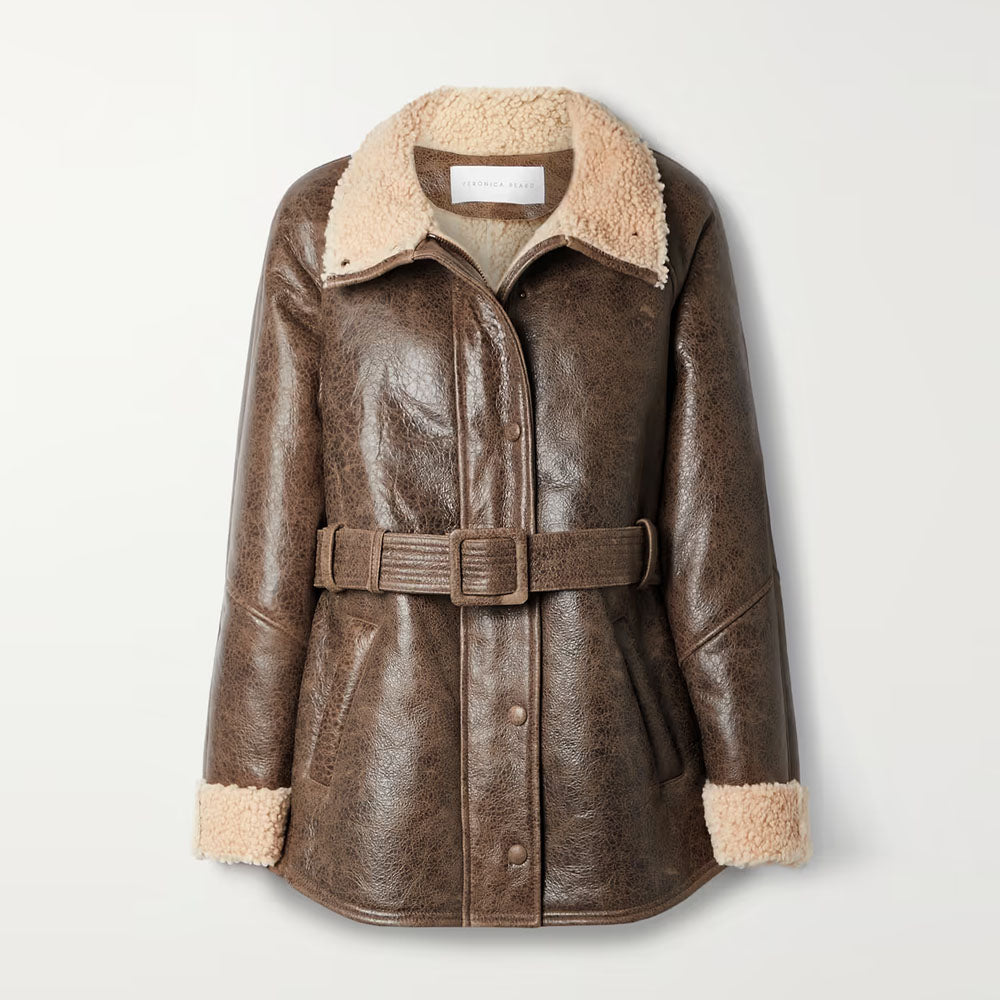 Women Brown Bonny Belted Aviator Sheepskin Fur Collar Shearling Leather Jacket