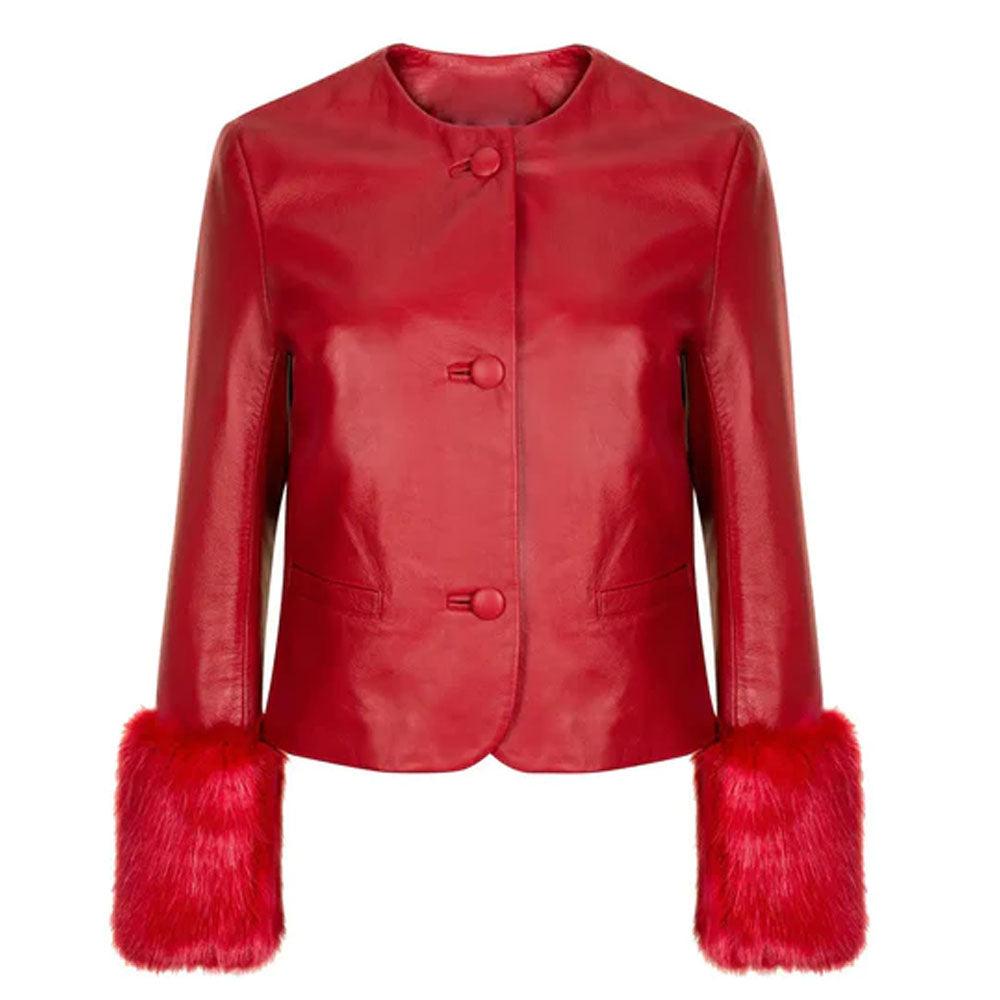 Red Sheepskin Women Biker Faux Fur Leather Jacket