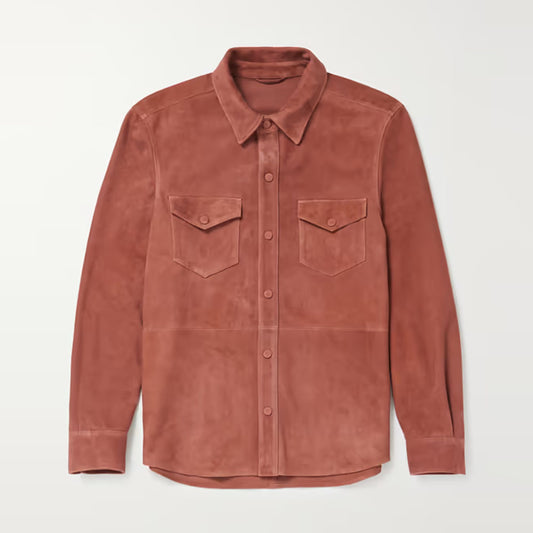 Men's Pink Lambskin Suede Leather Shirt Jacket