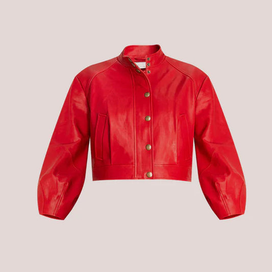 Women Cropped Red Leather Jacket