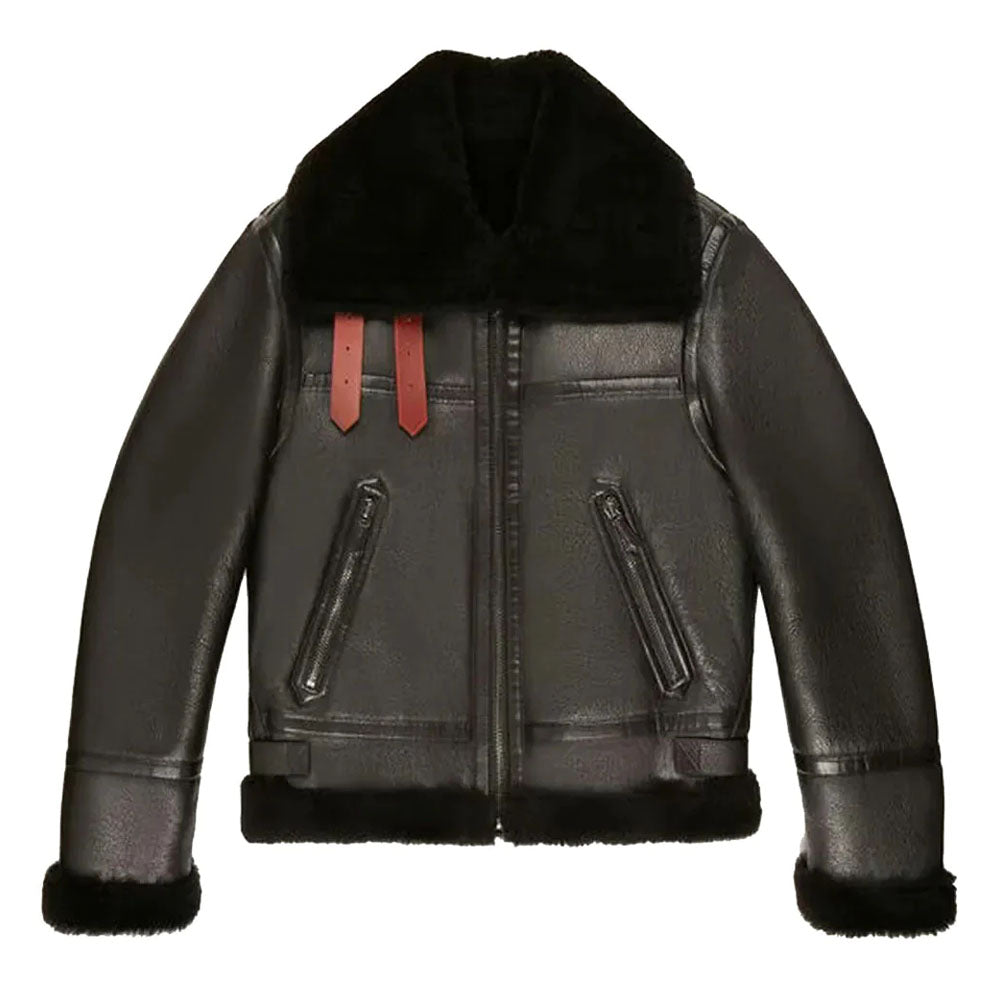 Men Aviator Bomber Sheepskin Black Shearling Leather Jacket