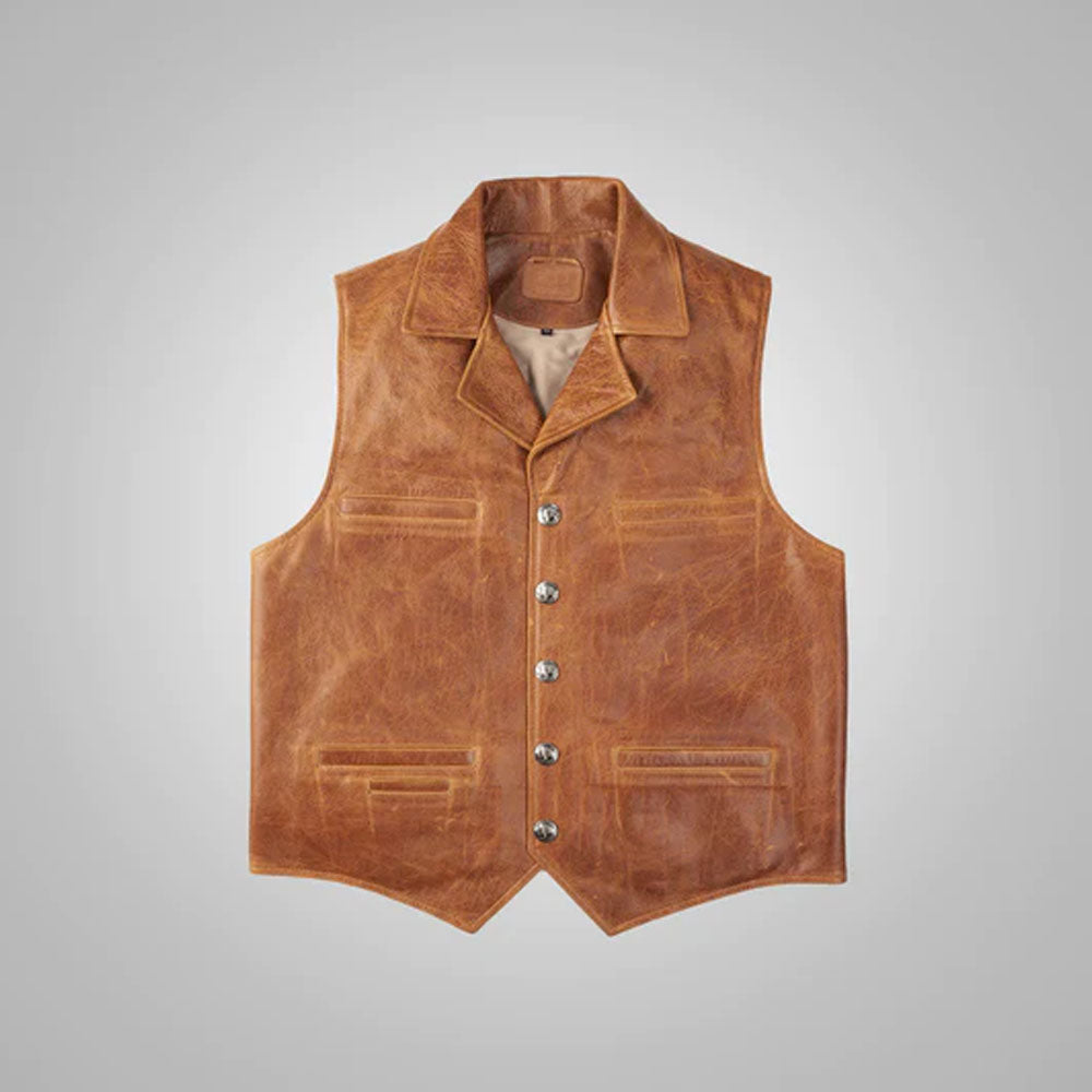 Brown Men Sheepskin Cowboy Shearling Leather Vest