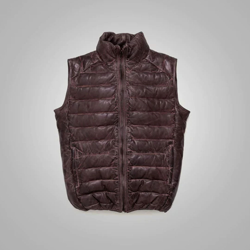 Men Dark Brown Genuine Bubble Sheepskin Down Leather Vest
