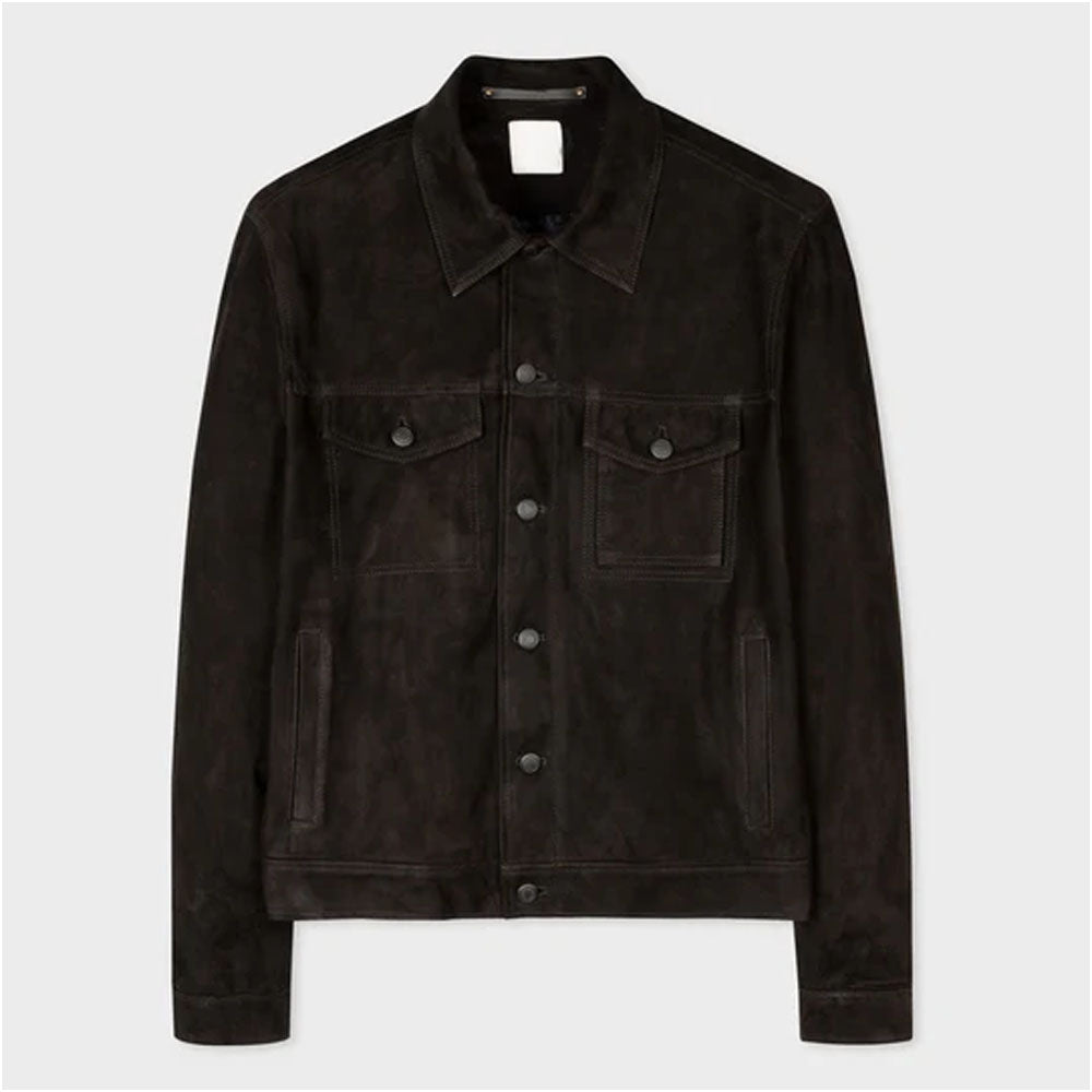 Suede Leather Men's Trucker Styled Black Jacket