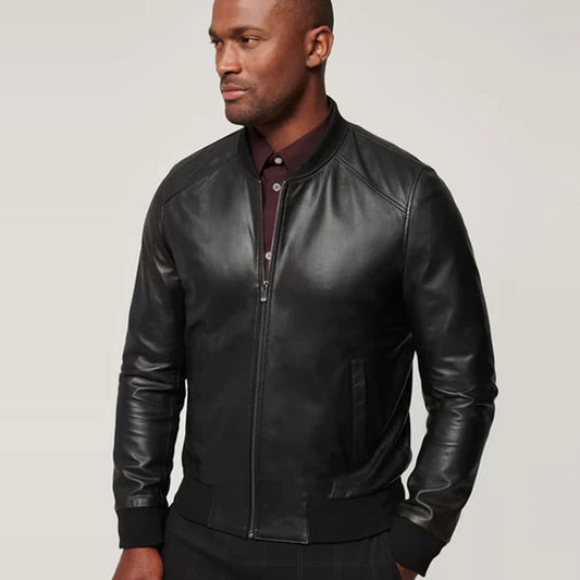Men Black Sheepskin Classic Leather Bomber Jacket