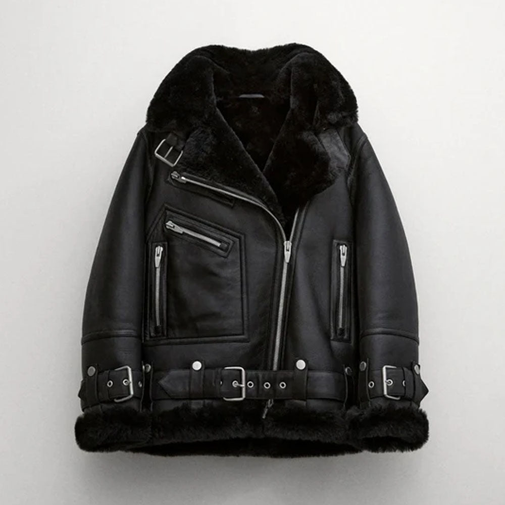 Women Black Fur Collar Aviator Styled Biker Sheepskin B3 Shearling Leather Jacket