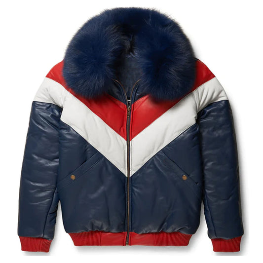 Men's Two-Tone Bubble Shearling Collar V-Bomber Leather Jacket