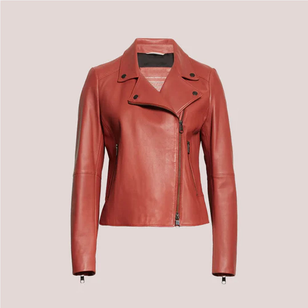 Plain Red Women Biker Leather Sheepskin Jacket