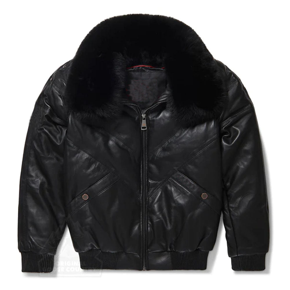 Men Black Removable Collar Sheepskin V-Bomber Leather Jacket