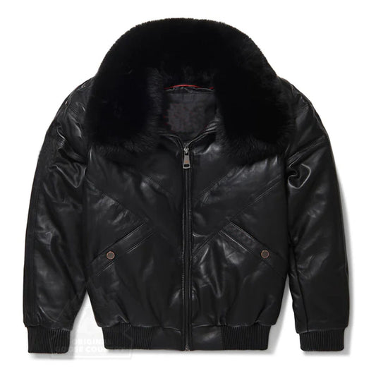 Men Black Removable Collar Sheepskin V-Bomber Leather Jacket