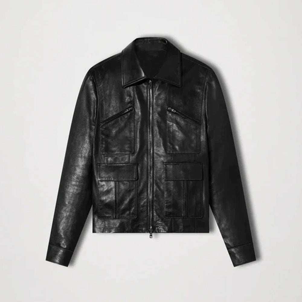 Men Sheepskin Black Trucker Genuine Leather Jacket