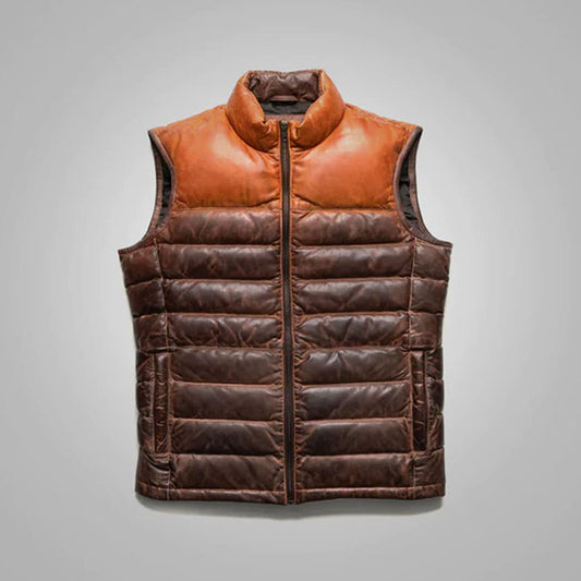 Brown Men Bubble Down Genuine Leather Sheepskin Vest