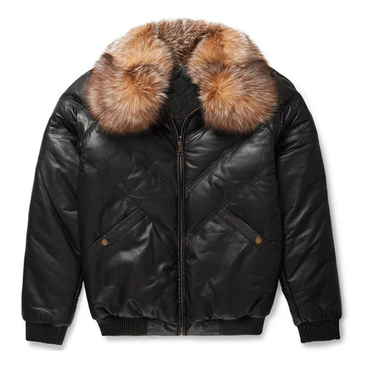 Men Black Crystal Fox Fur Bubble Sheepskin V-Bomber Leather Jacket