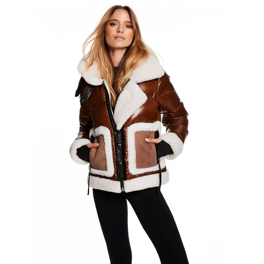 Women Bubble Puffer Brown Fur Leather V-Bomber Jacket