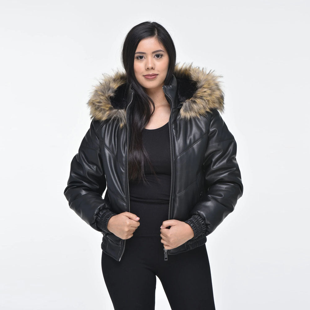 Women Black V-Bomber Faux Fur Hood Leather Jacket