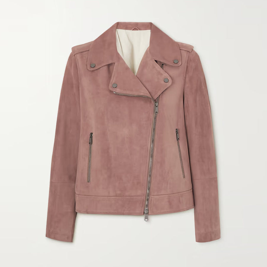 Women's pink suede motorcycle biker jacket with zip-front moto styling
