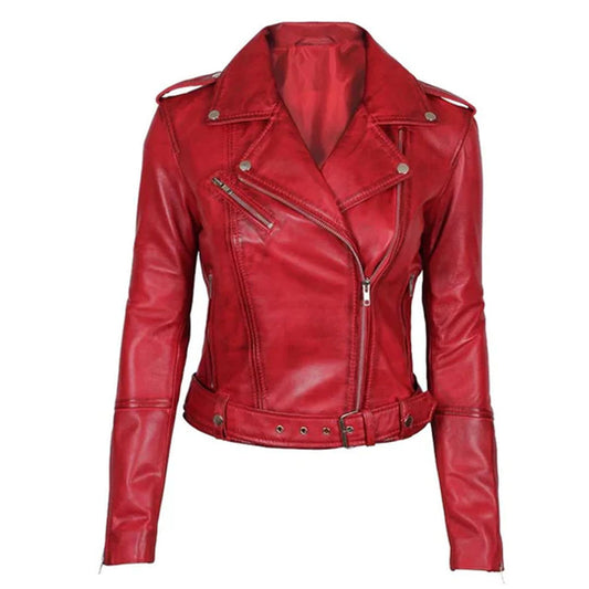 Women Styled Lambskin Red Biker Leather Jacket