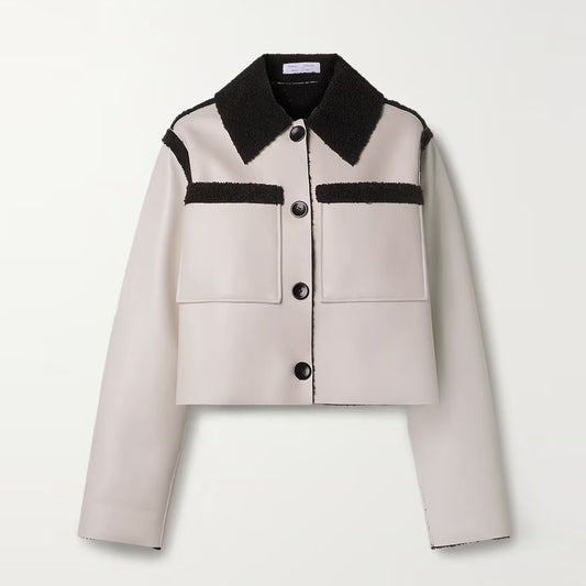 Women Off-White Shearling Flying Aviator Shearling Trimmed Leather Jacket