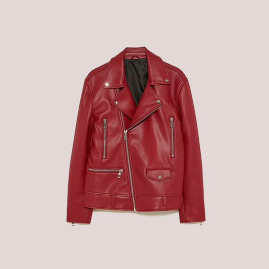 Women Sheepskin Red Biker Leather Jacket