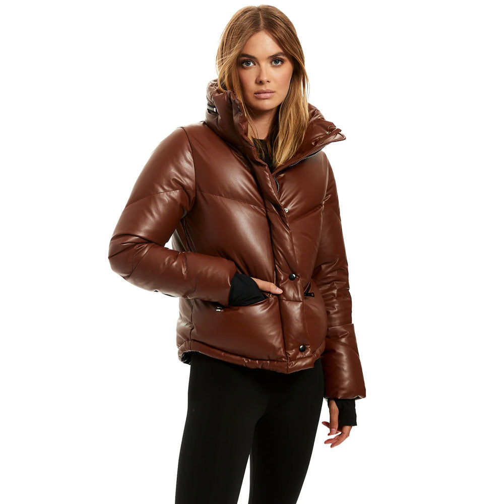 Women Dark Brown Lambskin Bubble Leather V-Bomber Jacket