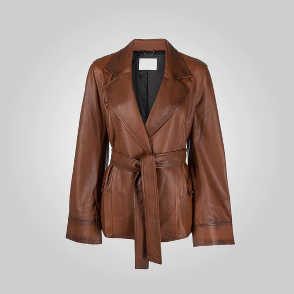 Women Brown Lambskin Belted Oversized Leather Jacket