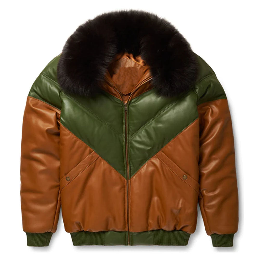 Men's Brown & Green Shearling Collar Bubble V-Bomber Leather Jacket