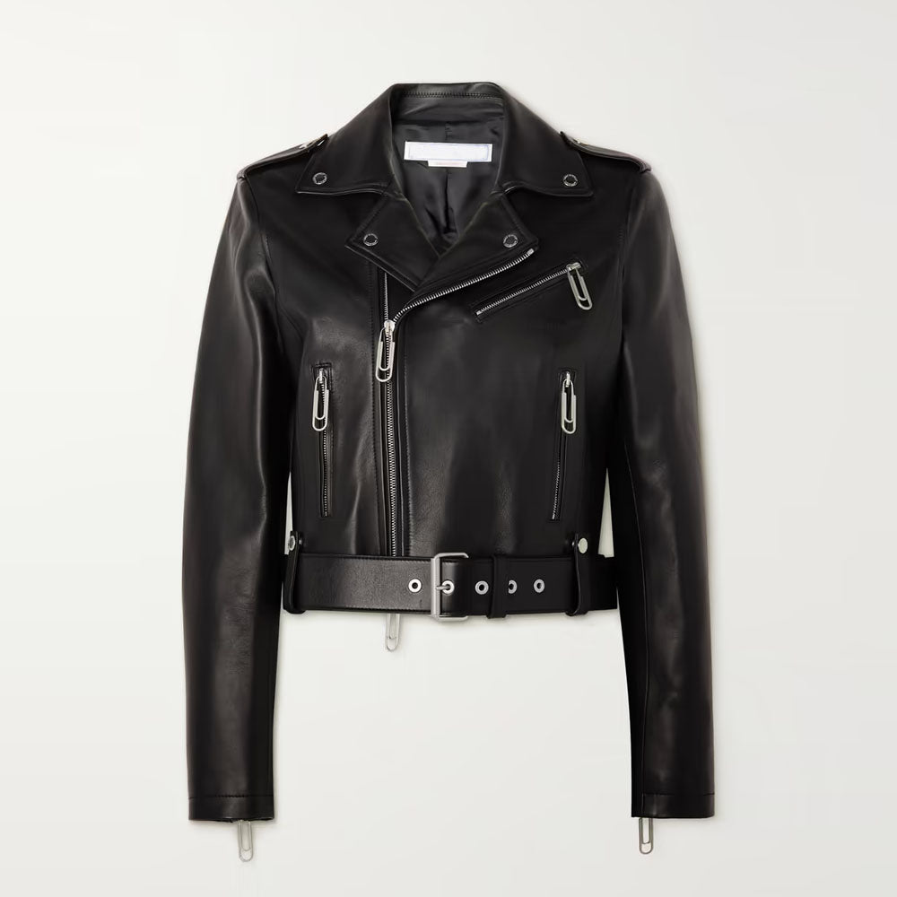 Women Black Belted Lambskin Motorbike Leather Biker Jacket