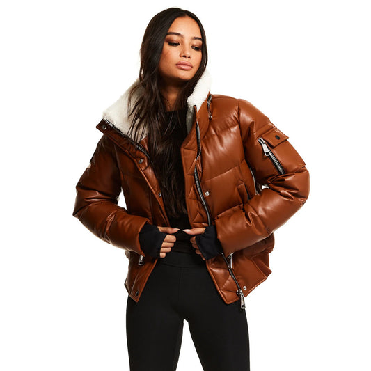 Women Brown Bubble Fur Collar Sheepskin Leather V-Bomber Jacket