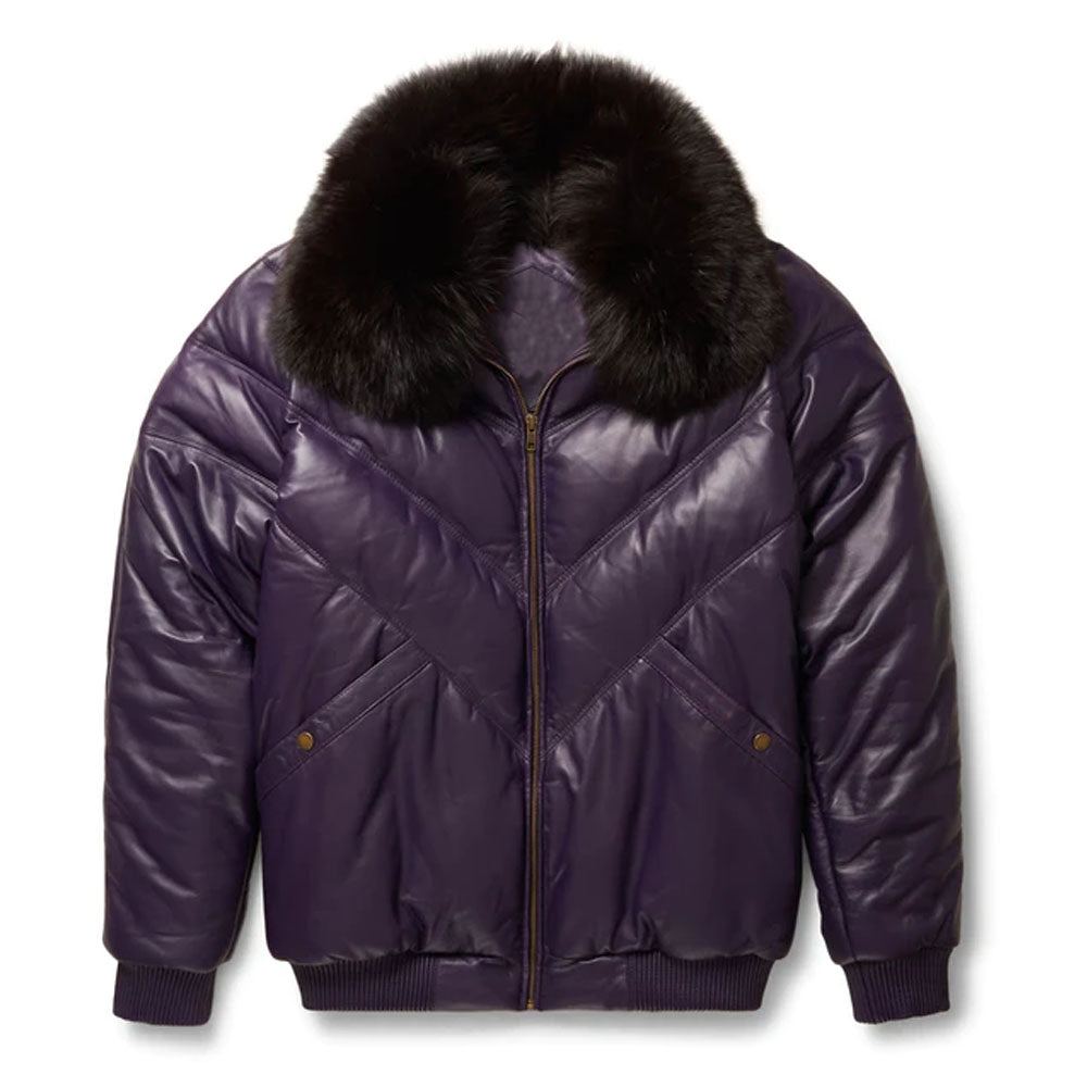 Men Purple V-Bomber Shearling Collar Bubble Leather Jacket