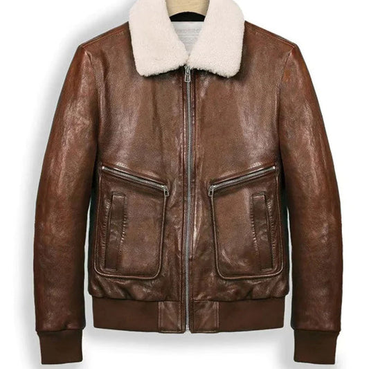 Men B3 Bomber Aviator Airforce Flying Brown Shearling Collar Leather Jacket