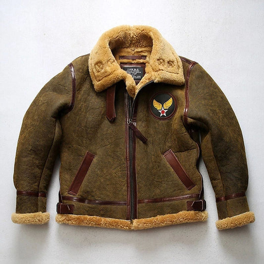 Men Aviator Bomber Airforce Pilot Brown Flight Sheepskin Leather Jacket