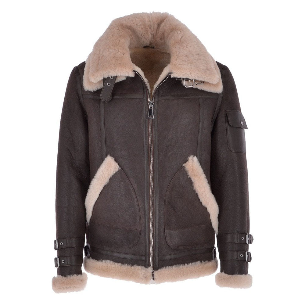 Men Sheepskin Pilot Fur Shearling double collar Brown Leather Jacket
