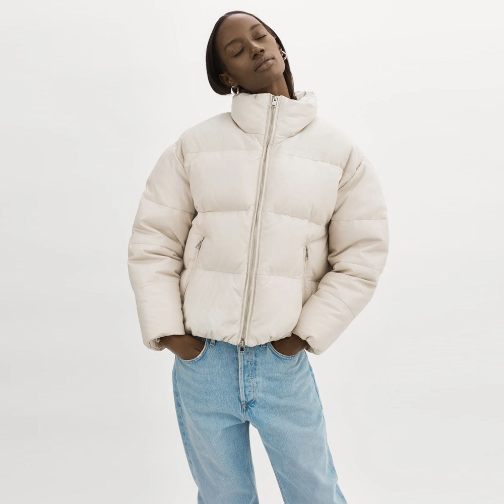 Women Bone White Bubble Sheepskin Puffer Leather Jacket