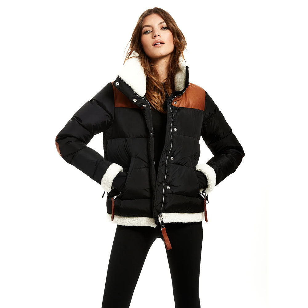 Women's Puffer Black Bubble Sheepskin Fur Leather V-Bomber Jacket
