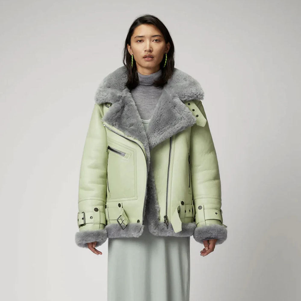 Green Women B3 Aviator Fur collar Sheepskin Shearling Leather Jacket