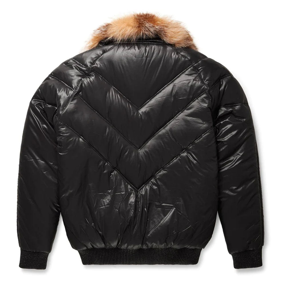 Black Bubble Shearling Collar Bubble V-Bomber Leather Jacket