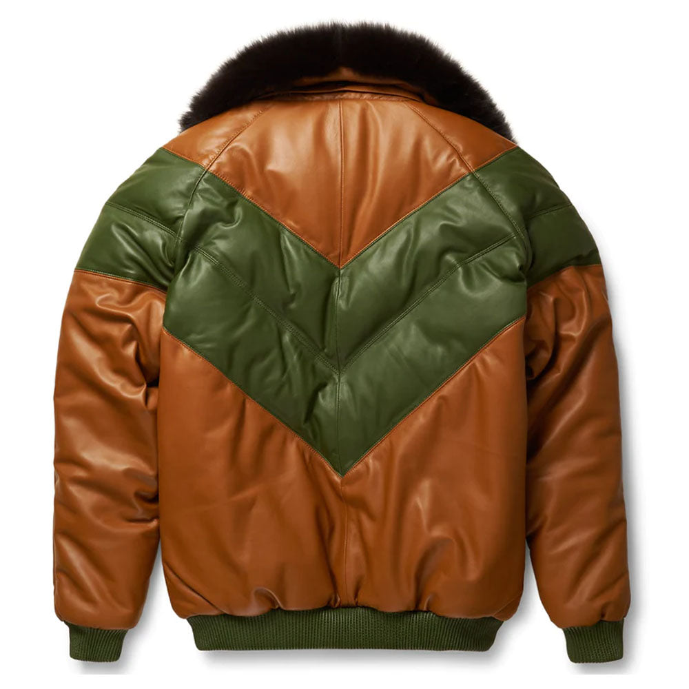 Brown & Green Shearling Collar Bubble V-Bomber Leather Jacket