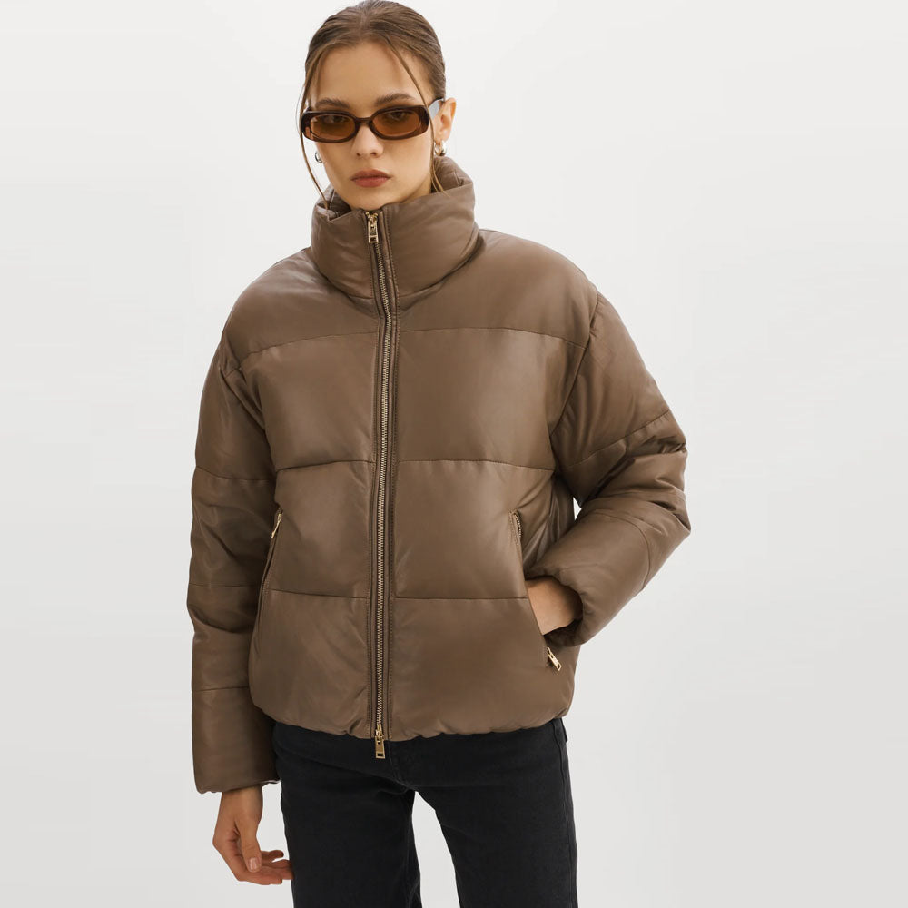 Women Brown Lambskin Puffer Leather V-Bomber Jacket