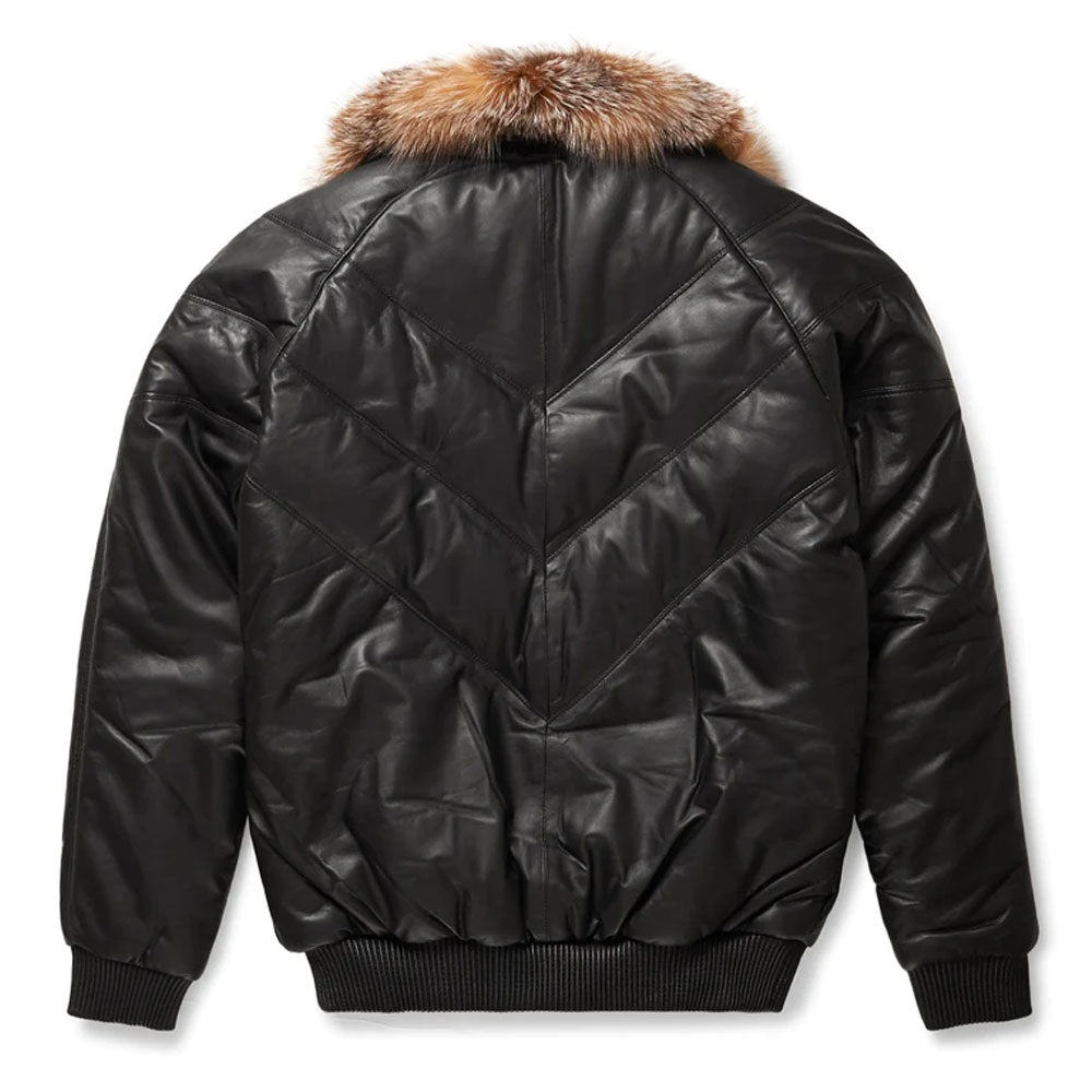 Black Crystal Fox Fur Bubble Sheepskin V-Bomber Leather Jacket