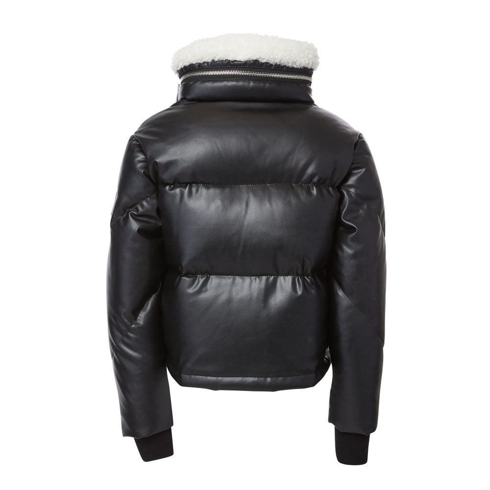 Women Puffer Bubble Fur Lambskin V-Bomber Leather Jacket