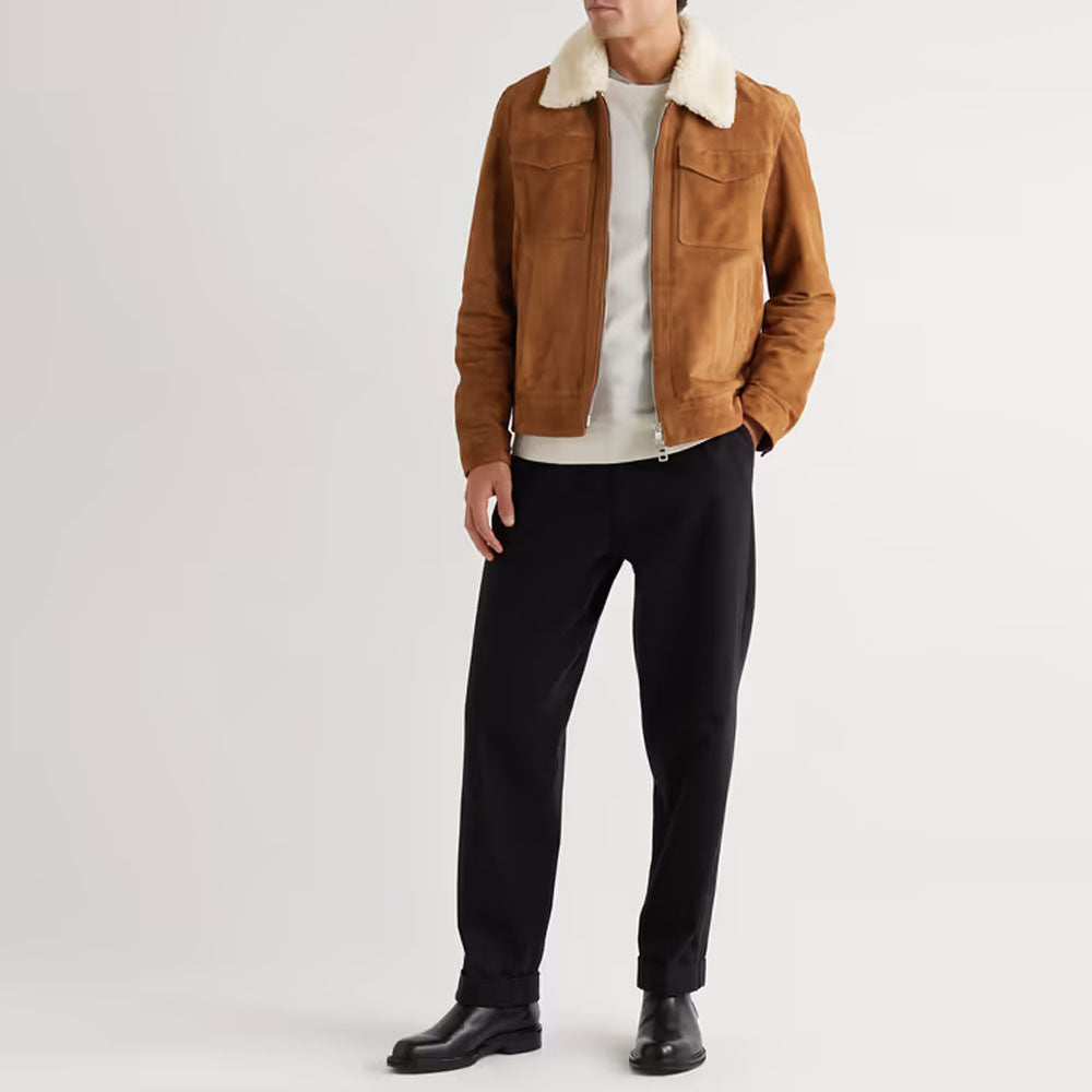 Men Brown Fur Collar Trucker Shearling Trimmed Leather Jacket